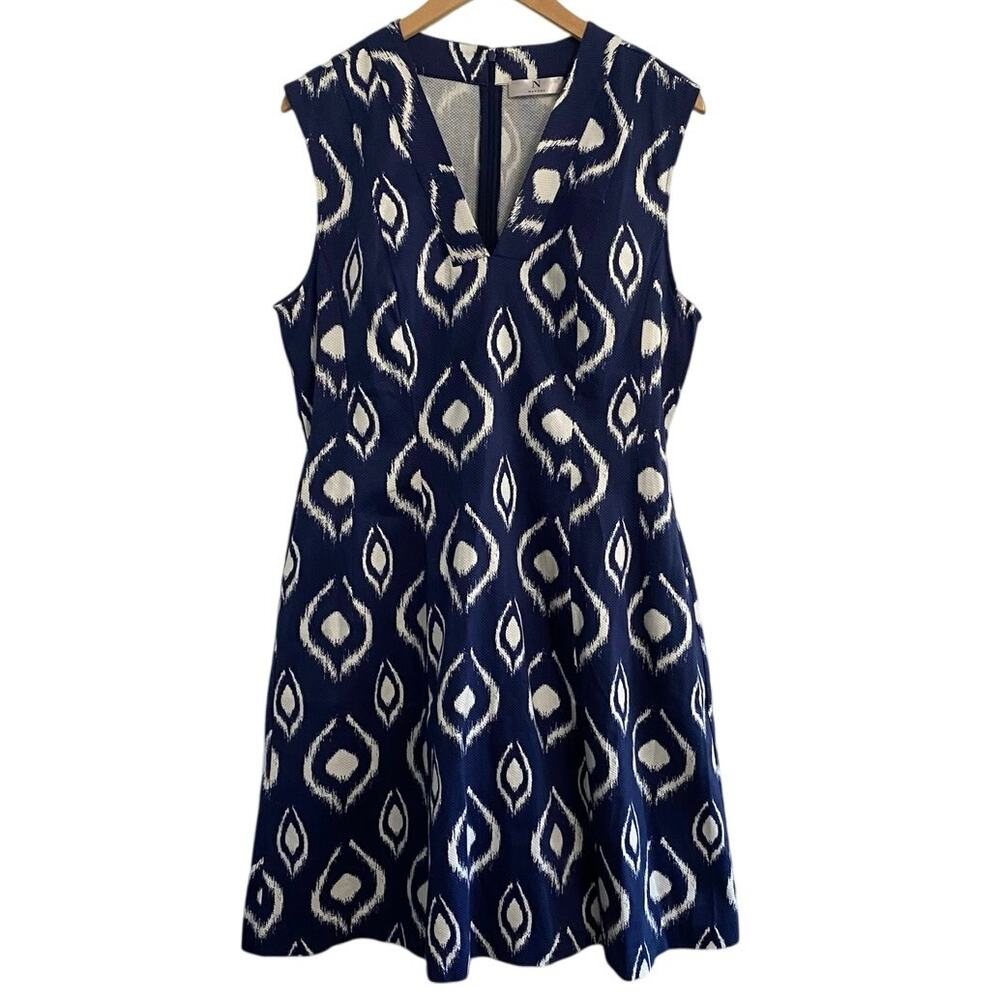 NATORI Cotton Navy White Kat Fit Flare Jacquard Dress Size 14 Preppy Wedding